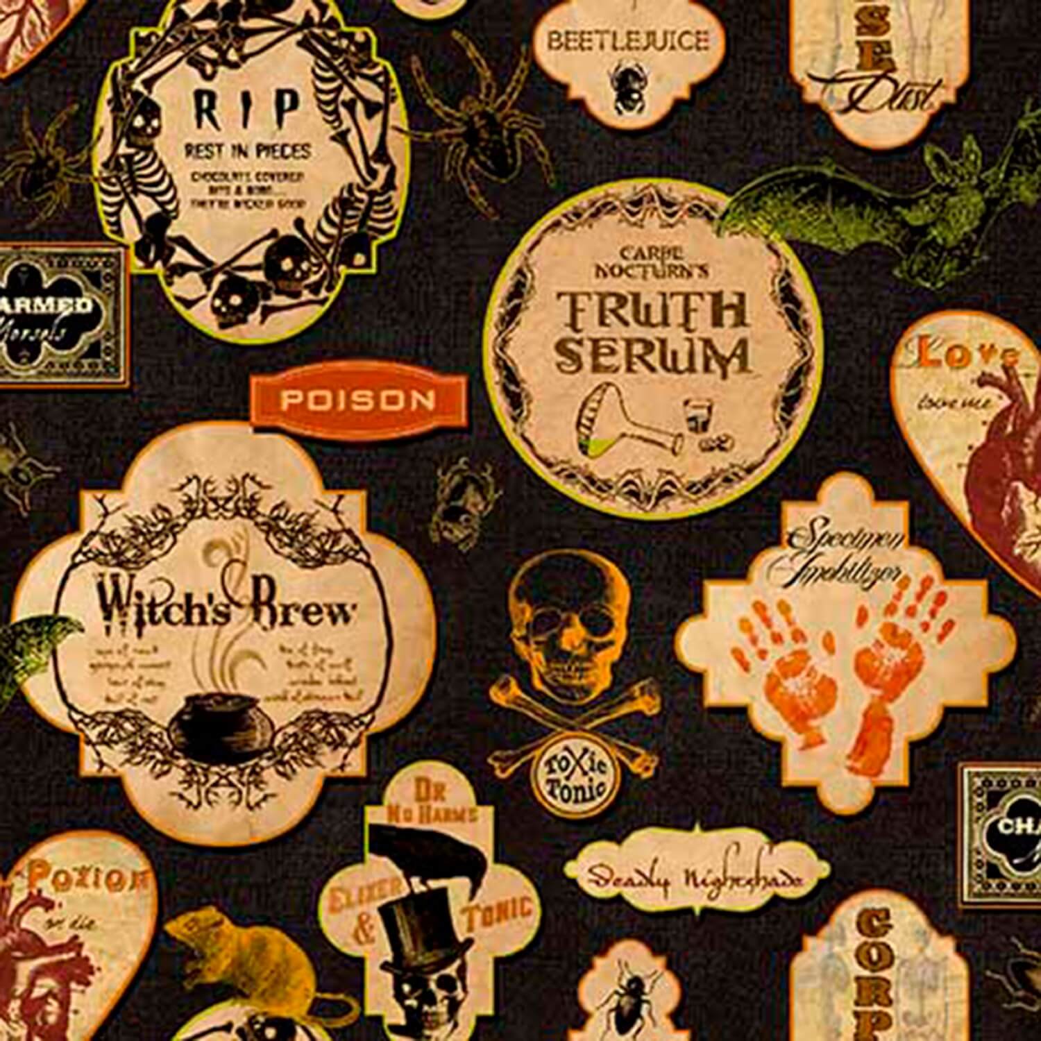 HALLOWEEN Gothic Apothecary Labels w/ Spooky Bats Skulls Fabric - The  Quilting Place