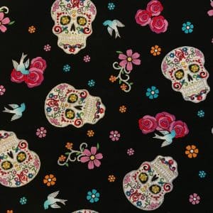 FOLKLORIC SUGAR SKULLS FABRIC GLITTER METALLIC 100% COTTON